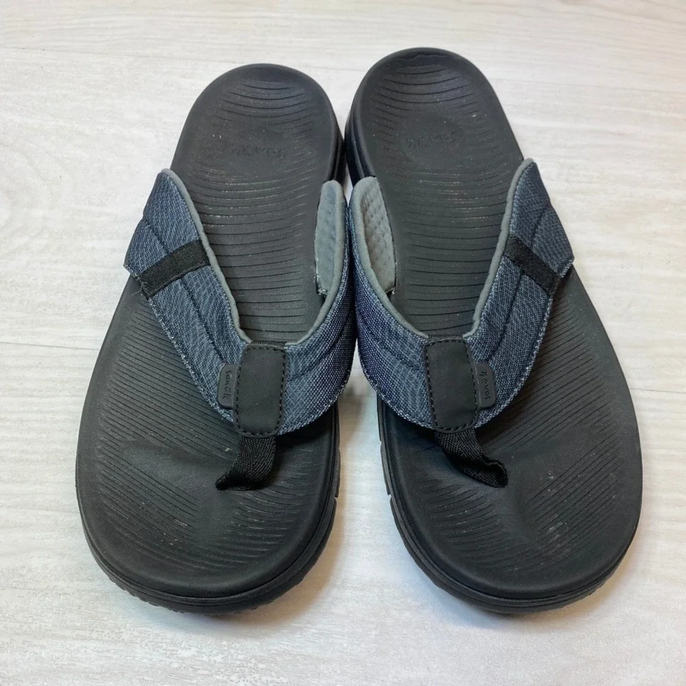Sanuk Mens 11 Beer Cozy Stacker Flip Flop Sandals Navy Black Canvas Yoga Mat S/N